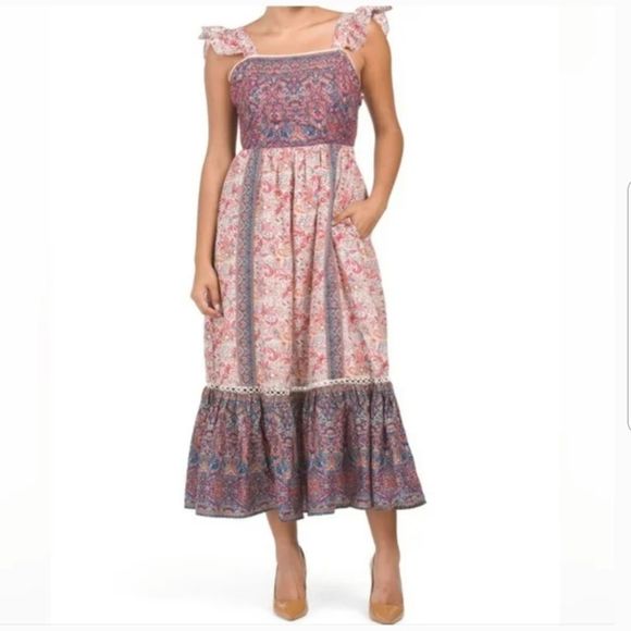 Haute Hippie Boho Print Sleeveless Maxi Dress Open Tie Back, 1 Tier NWT Sz. 6 - Picture 1 of 13